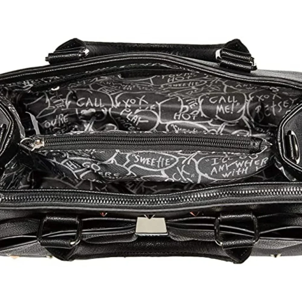 Betsey Johnson Studded Bow Satchel Bag Black Bow Studs + Keychain BB18265 NEW - Picture 6 of 14